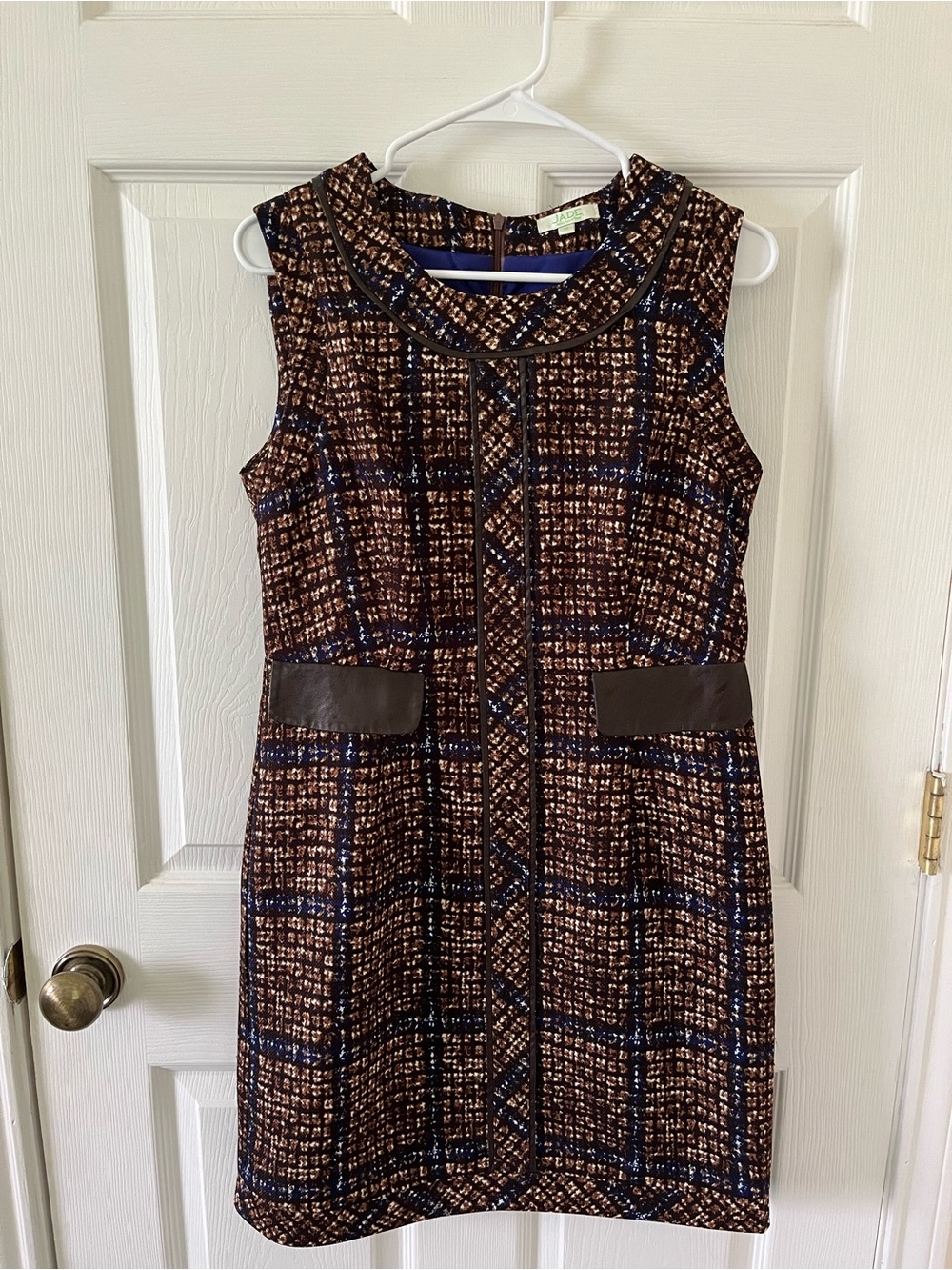 Jade Melody Tam Brown and Navy Plaid Tweed Shift Dress